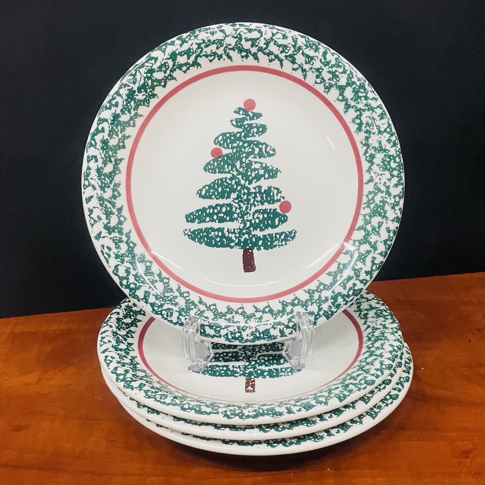 Furio Christmas Tree Salad Plates 8" Set Of 4 Green Spongeware made in Italy